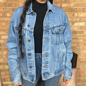 LEE Graphic Embroidered Logo Blue Denim Tracker Jacket Stone Wash L